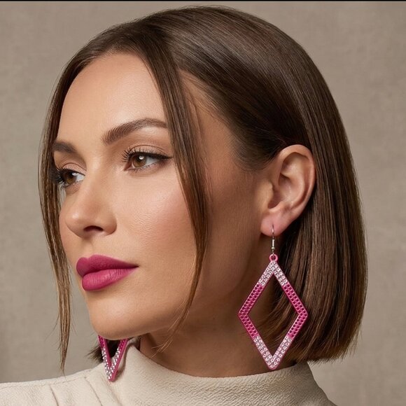 Pink Diamond Rhinestone Hoop Earrings - Picture 3 of 5